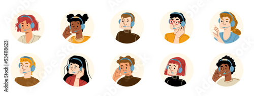 Call center operator isolated avatars, round icons set. Customer support service, online help agents wear headset. Telemarketing, internet technical helpdesk, Cartoon linear flat vector illustration