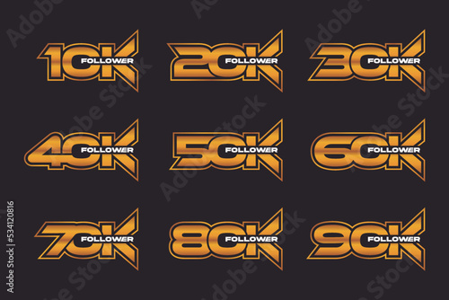 Thank you for 10k, 20k, 30k, 40k, 50k, 60k, 70k, 80k, 90k, follower, online social group, happy banner celebrate, gold and black white design icon or logo isolated sign symbol vector illustration.