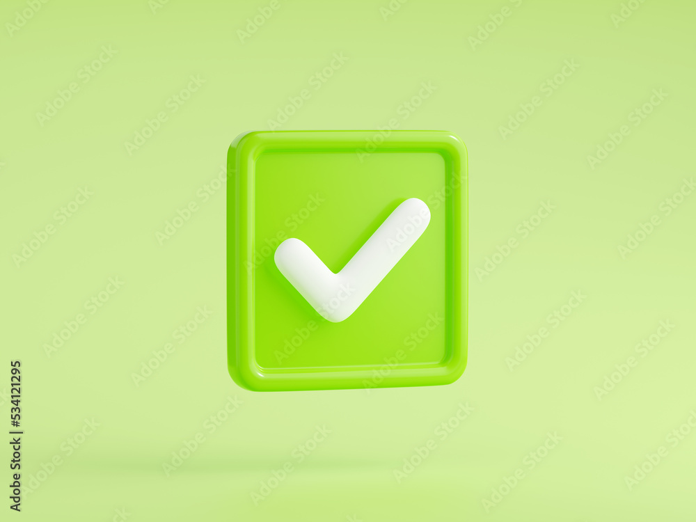 3d render tick, check mark isolated icon. Checklist button, approval, best choice, right solution, success, accept, agree, ok and choose sign on green background, Cartoon illustration in plastic style 3d render tick, check mark isolated icon. Checklist button, approval, best choice, right solution, success, accept, agree, ok and choose sign on green background, Cartoon illustration in plastic style