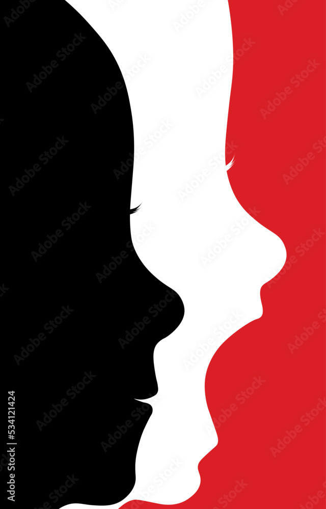 Two silhouette faces and head icons illusions. silhouettes of children profiles, smiling and screaming shadow form. on black, white and red background