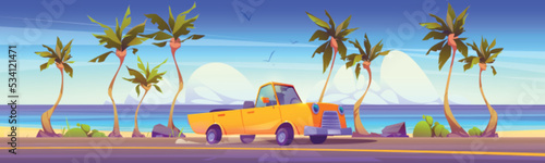 Cabriolet drive on road on sea coast with sand beach and palm trees. Summer tropical landscape of ocean shore, asphalt highway and retro car, vector cartoon illustration photo