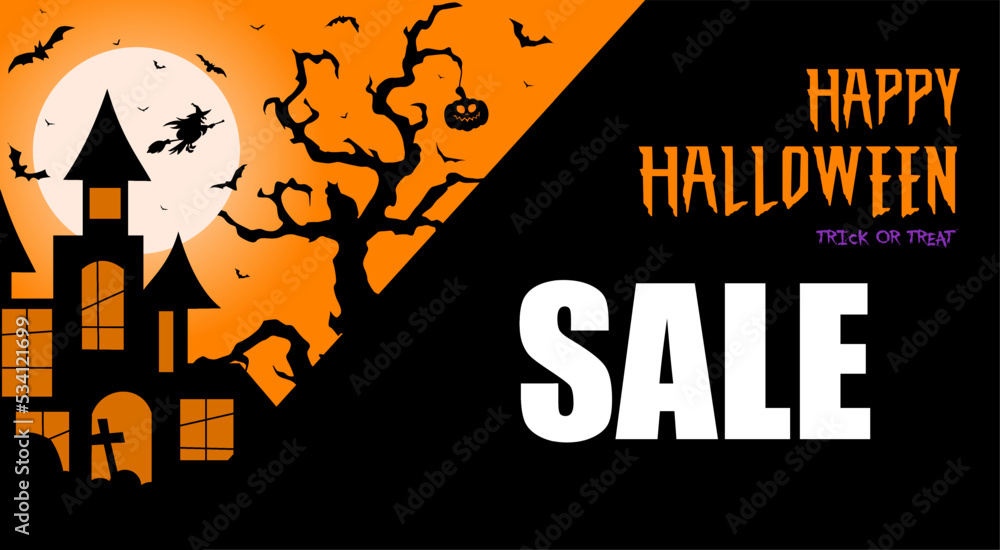 halloween promotion banner poster or background,haunted house,witch,pumpkin,tombstone on yellow black background halloween party poster