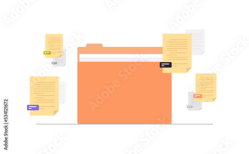 Documents organizing and folder file management paperwork data archive flat vector illustration.