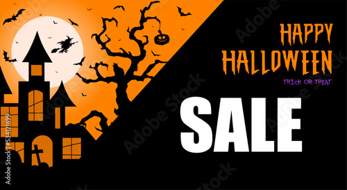 halloween promotion banner poster or background haunted house witch pumpkin tombstone on yellow black background halloween party poster