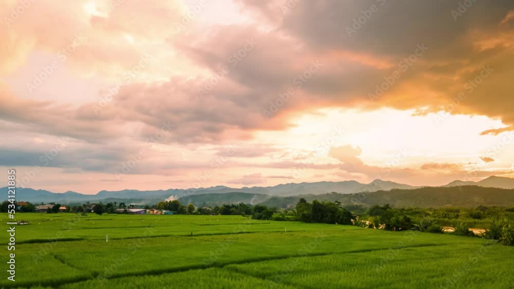 Time lapse above the Green paddy fields during sunset with clouds sky at Mae Hong Son province unseen Thailand. Aerial view dolly in over the rice fields. Time lapse above the Green paddy fields during sunset with clouds sky at Mae Hong Son province unseen Thailand. Aerial view dolly in over the rice fields.