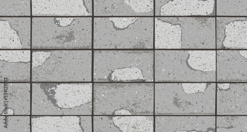 Pavement with textured cracked old bricks seamless pattern. Vector pathway texture top view. Outdoor concrete slab sidewalk. Cobblestone footpath or patio. Concrete block floor