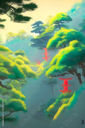 Japanese landscape  illustration. Fairy forest.