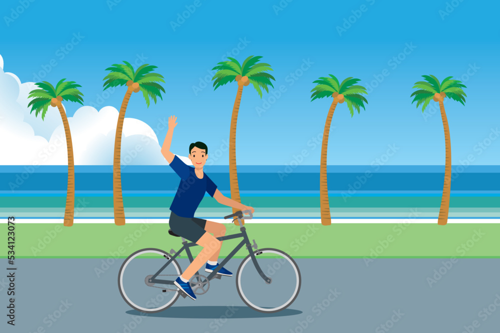 Fototapeta premium 青空と海とヤシの木を背景に自転車でサイクリングする笑顔のアジア系男性 リゾートのイメージイラスト