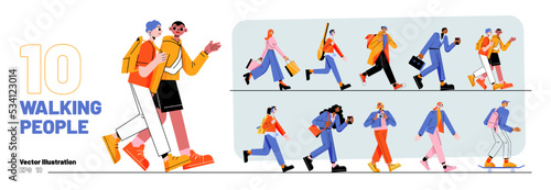 Set of walking people. Diverse pedestrians walk, tourist with camera, businessman, teenager, student or schoolgirl, courier passerby characters, young men and women, Line art flat vector illustration