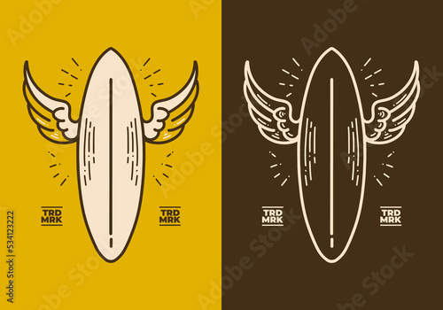Vintage art design of a surf board with extra wings