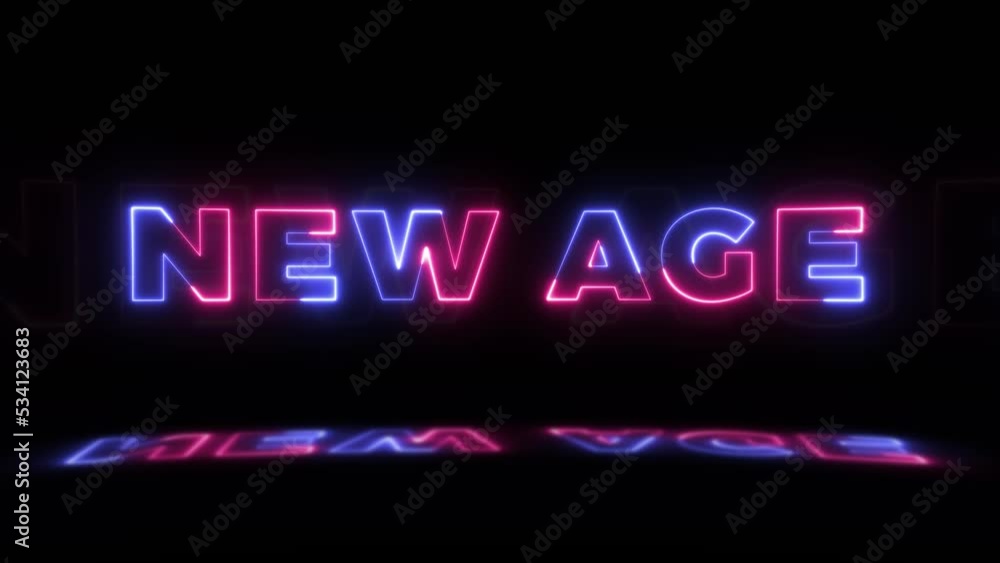 Neon glowing word 'NEW AGE' on a black background with reflections on a floor. Neon glow signs in seamless loop motion graphic Neon glowing word 'NEW AGE' on a black background with reflections on a floor. Neon glow signs in seamless loop motion graphic
