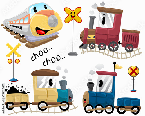 Set of hand drawn funny train cartoon with railway signs