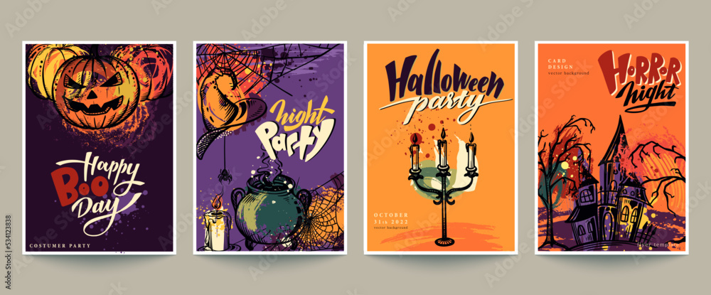 Set of four vector Halloween pre-made cards or posters with hand drawn elements and abstract texture.