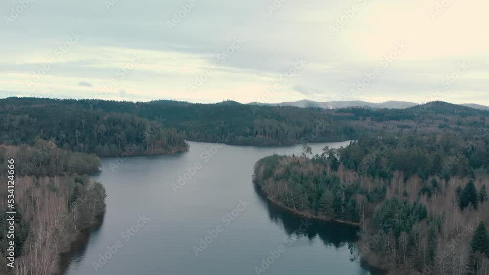 pedestal drone shot revealing Pierre-Percée lake in Meurthe-et-Moselle, France pedestal drone shot revealing Pierre-Percée lake in Meurthe-et-Moselle, France