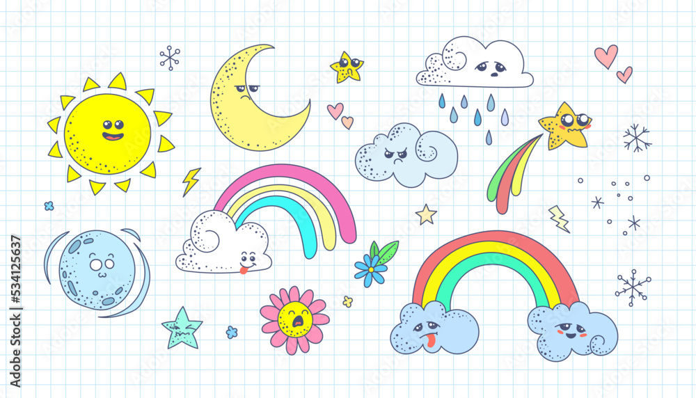 Cute doodle weather set. Kawaii emotional weather forecast. Cute sun, moon and happy clouds