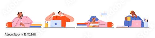 Sleepy people in office, dizzy employees sleeping and yawning on work desk. Set of dozing men and women at morning, tired persons drowsiness, fatigue, boredom, Line art flat vector illustration