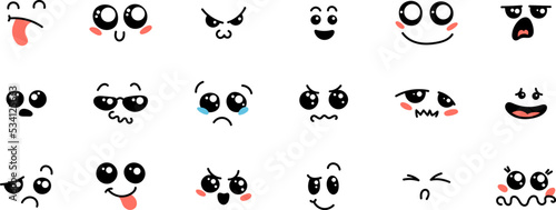 Various Cartoon Emoticons Set. Doodle faces, eyes and mouth. Caricature comic expressive emotions, smiling, crying and surprised character face expressions