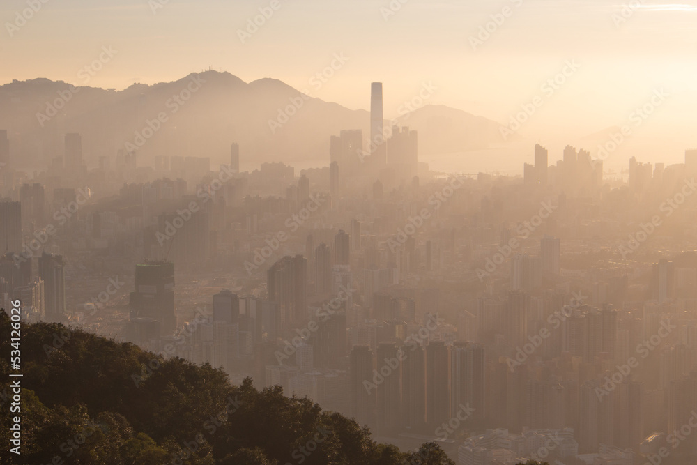 Misty cityscape of Hong Kong, looking from Kowloon Peak