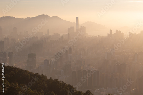 Misty cityscape of Hong Kong, looking from Kowloon Peak