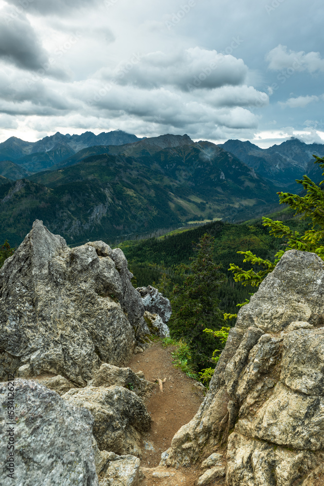 Tatra Mountains landscape with Gesia Szyja landmark, natural rock formation