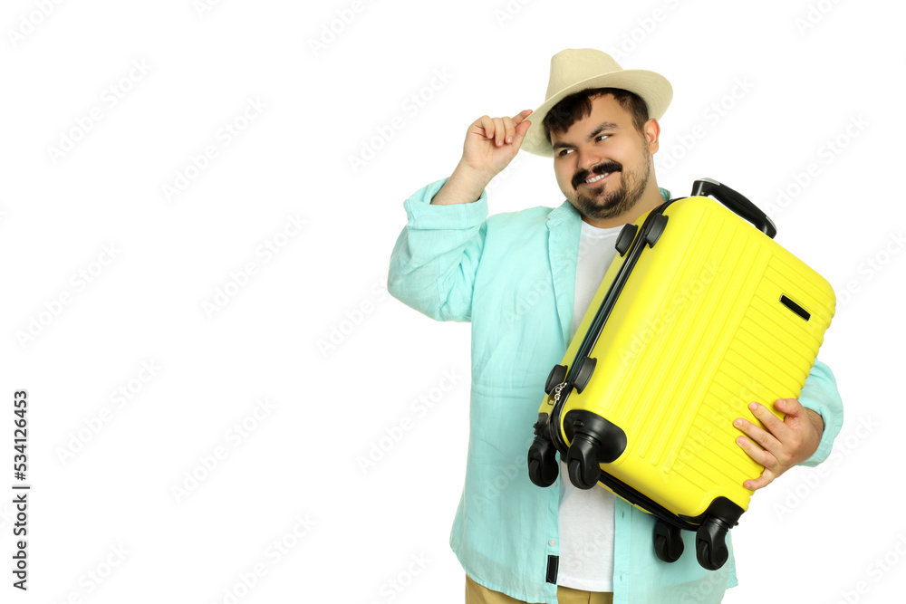 Concept of travel, young fat man isolated on white background Concept of travel, young fat man isolated on white background