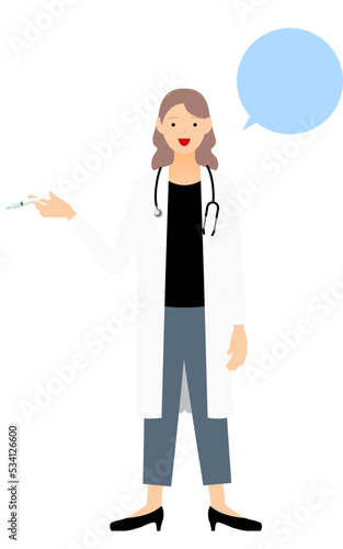 白衣の女性医師が注射器を持つ・ワクチン接種のポーズ（吹き出しつき）