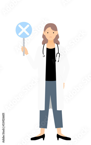 白衣の女性医師がバツの棒を持つ・答え合わせのポーズ