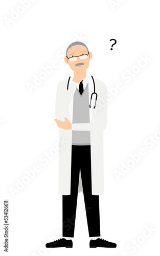 白衣のシニア男性医師のポーズセット、疑問・困る・指さし・注射他