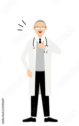 白衣のシニア男性医師が胸を叩く・安心信頼のポーズ