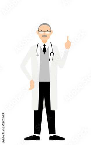 白衣のシニア男性医師が人差し指を立てる・指さしのポーズ