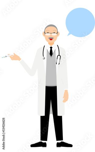白衣のシニア男性医師が注射器を持つ・ワクチン接種のポーズ（吹き出しつき）