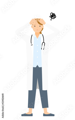 白衣のシニア女性医師が頭を抱える・困るポーズ