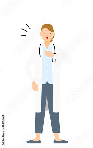 白衣のシニア女性医師が胸を叩く・安心信頼のポーズ