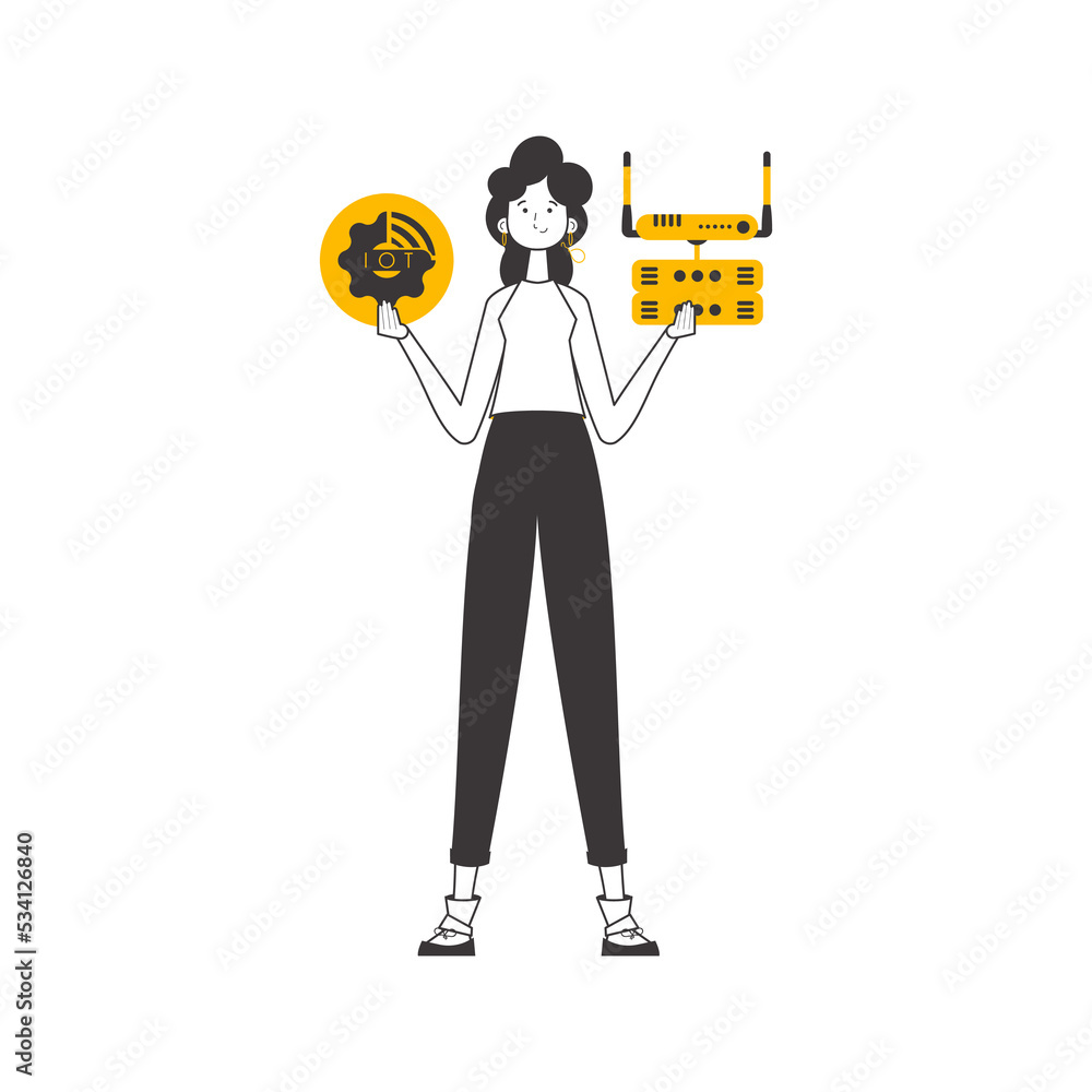 The girl is holding the IOT logo in her hands. Lineart style. 