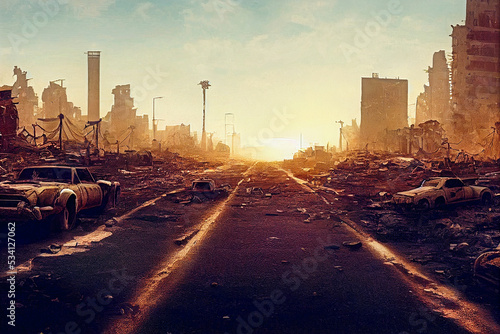 Post apocalypse, desolate highway in ruins, ruined city background