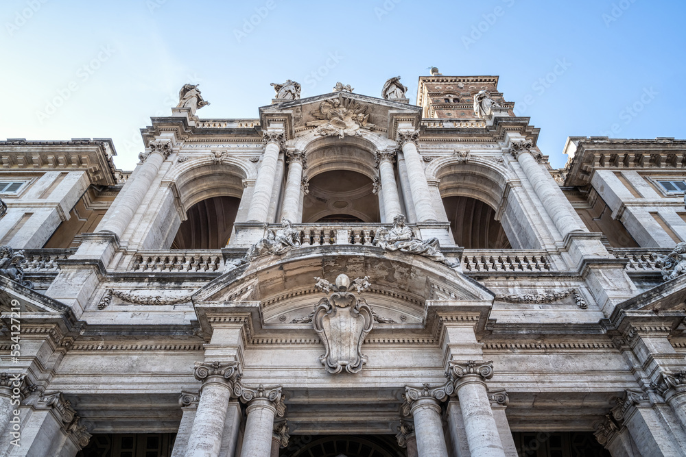 Beautiful fasade of famous Medieval Catholic Church - Basilica of Santa Maria Maggiore in Rome.