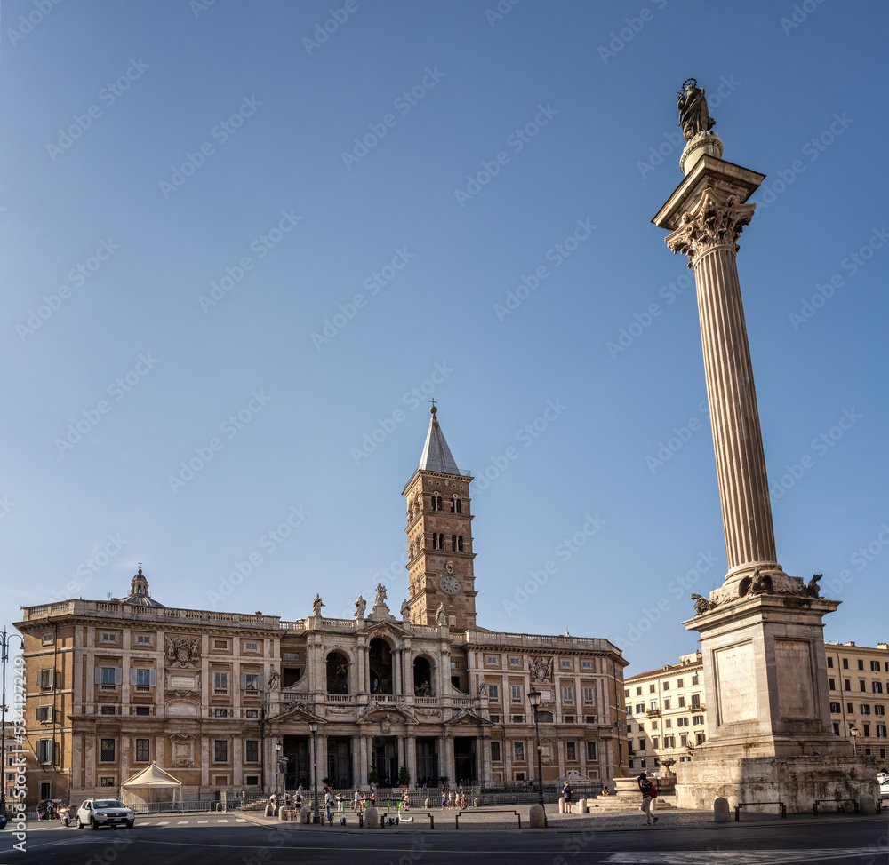 Facade of famous Medieval Catholic Church - Basilica of Santa Maria Maggiore in Rome.