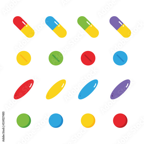 Set, collection of colorful pills, food supplements, medications. Vector cartoon style icons, illustration for medical and healthcare design. 
