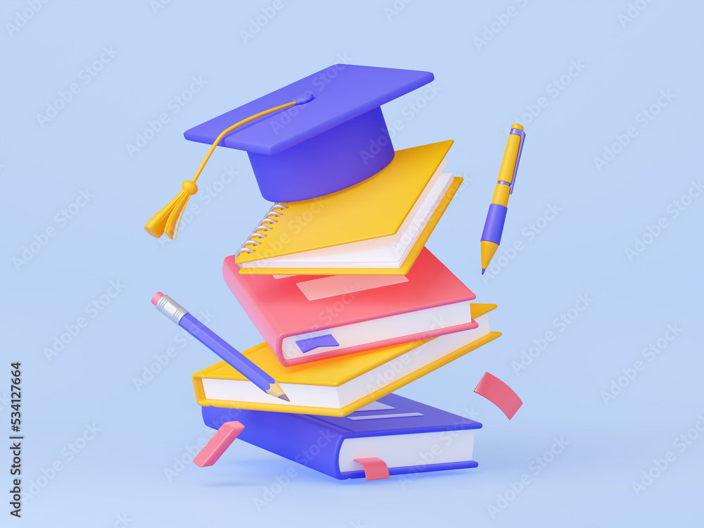 Student graduation cap on books stack. Concept of university or college education, academic tuition with flying mortarboard, books, pen and pencil, 3d render illustration - obrazy, fototapety, plakaty 