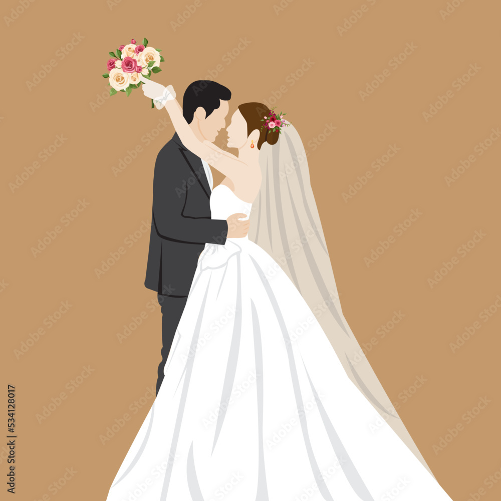 Beautiful young bride and groom couple holding hands on wedding day vector illustration Beautiful young bride and groom couple holding hands on wedding day vector illustration