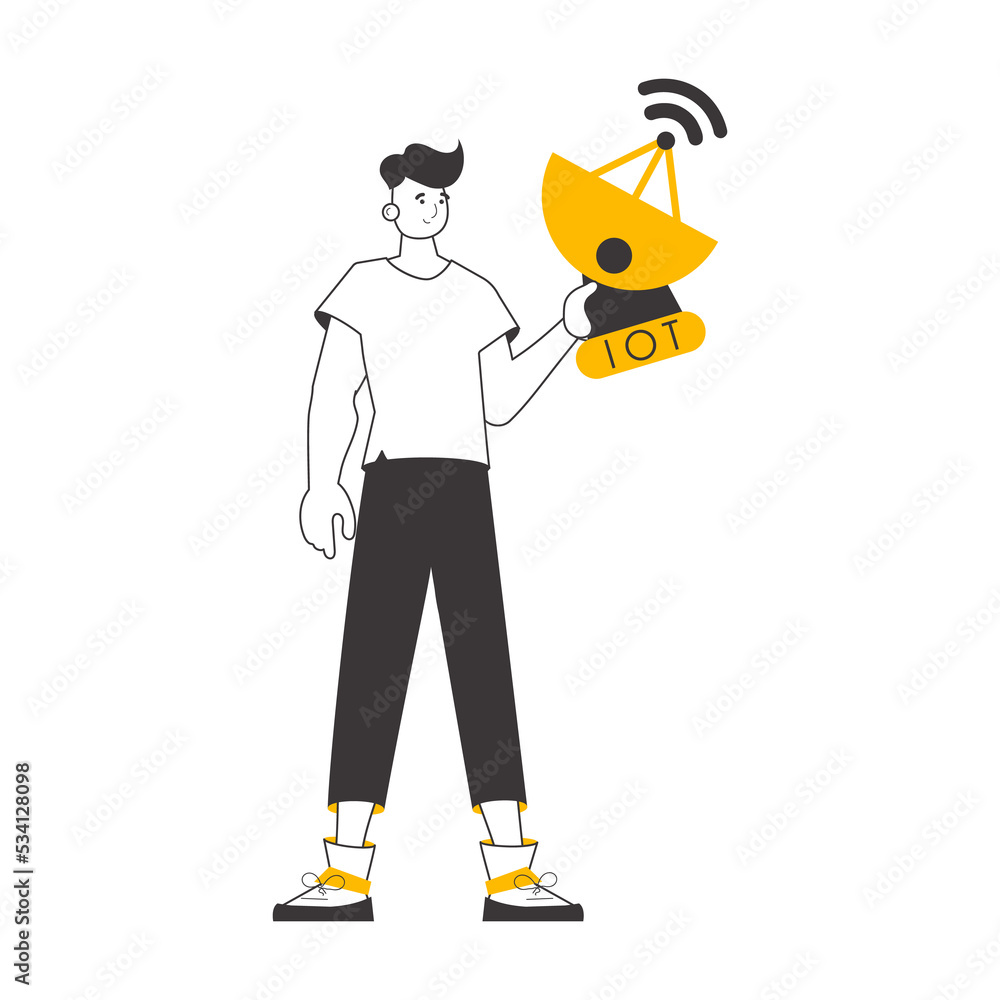 A man holds the IOT logo in his hands. Linear style. 