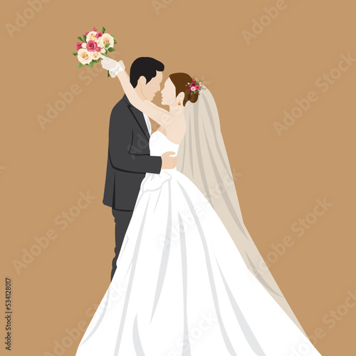 Beautiful young bride and groom couple holding hands on wedding day vector illustration