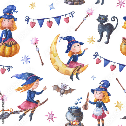 Watercolor witch is flying on a broom. Seamless pattern with cute girl, black cat