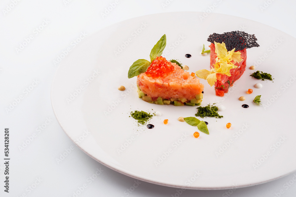 salmon and beef tartare on white plate salmon and beef tartare on white plate