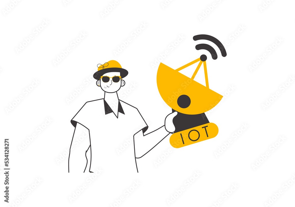 A man holds the IOT logo in his hands. Linear style. A man holds the IOT logo in his hands. Linear style.