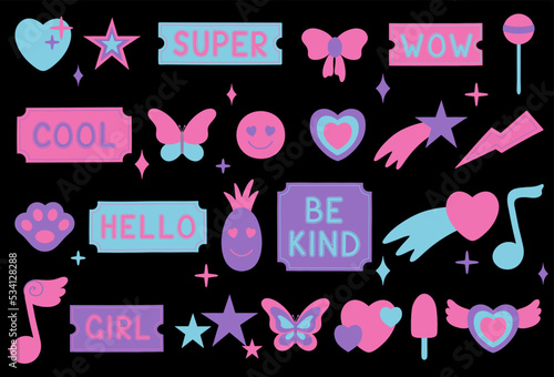 Set of cool retro girly stickers. Vector illustration in y2k style.