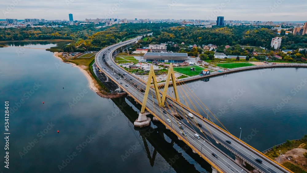A top view of the Millennium Bridge in Kazan . Cable-stayed bridge across the river. Autumn Skyline 