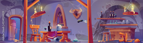Medieval tavern after fight, ancient bar interior with broken wooden furniture and stuff, spiderweb, candle lamps, table, chairs and shelf with bottles, middle ages 2d game, Cartoon vector background