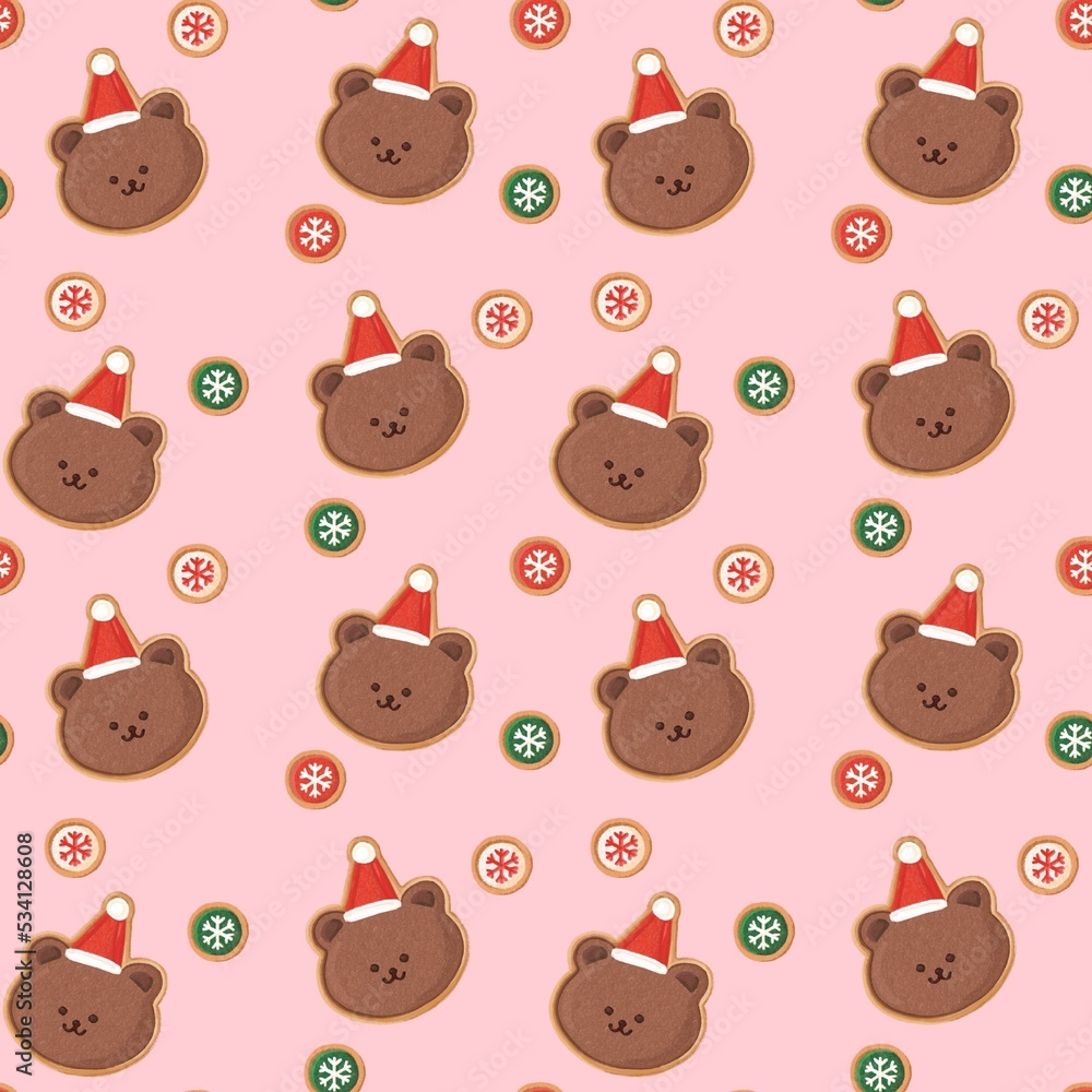 seamless pattern with teddy bears Christmas cookie on pink background for gift wrapping paper, wallpaper, tablecloth, bedsheet 