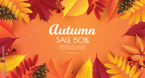 Autumn Sale Fashionable Banner Template with Colorful Leaves. Shopping Discount promotion. Poster, card, flyer, label.